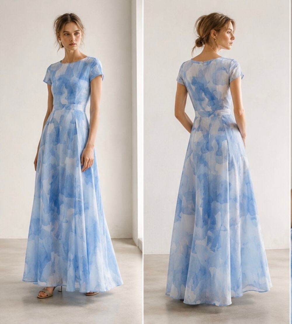 Anne Gorke Blue Abstract Print Organic Cotton Maxi Dress EU 36 XS Germany